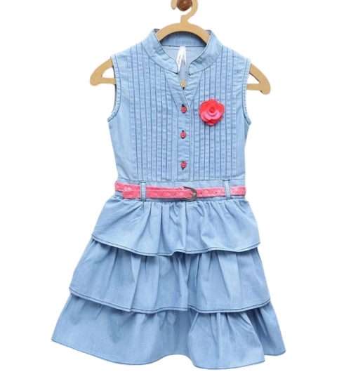 Girl's Denim Embellished Sleeveless Dress with Belt (Light Blue)