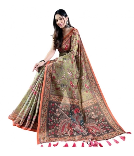 Women's Linen Printed Saree With Unstitched Blouse 5.5Mtr (Sea Green)