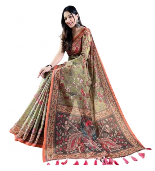 Women's Linen Printed Saree With Unstitched Blouse 5.5Mtr (Sea Green)