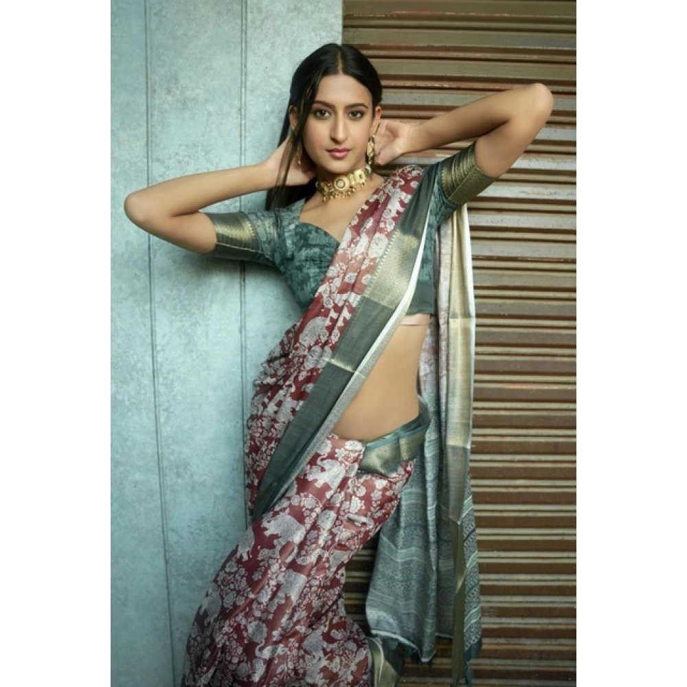 Women's Polyester Printed Saree With Unstitched Blouse 5.5 Mtr (Maroon)
