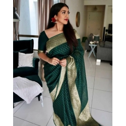 Women's Litchi silk Printed Saree With Unstitched Blouse (Green)