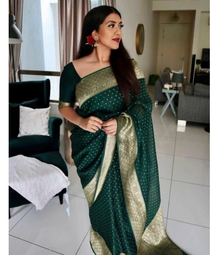 Women's Litchi silk Printed Saree With Unstitched Blouse (Green)