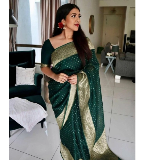 Women's Litchi silk Printed Saree With Unstitched Blouse (Green)