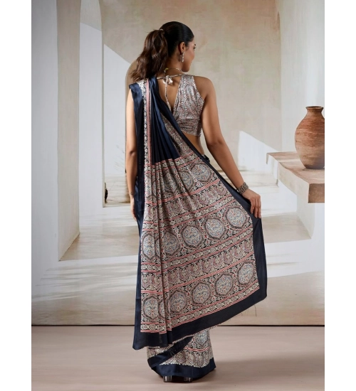 Women's Satin Crepe Printed Saree With Unstitched Blouse 5.5Mtr (Navy Blue)