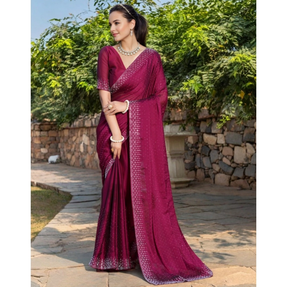 Women's Rangoli Diamond Weaving - Stone Work Saree With Unstitched Blouse 5.5Mtr (Maroon) Women's Rangoli Diamond Weaving - Stone Work Saree With Unstitched Blouse 5.5Mtr (Maroon)