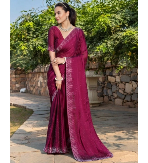Women's Rangoli Diamond Weaving - Stone Work Saree With Unstitched Blouse 5.5Mtr (Maroon)