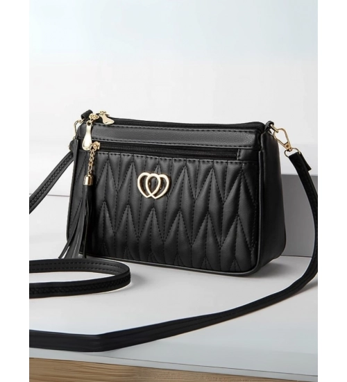 Women's PU Leather Zipper Sling Bag (Black)