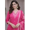 Women's Chanderi Silk Ethnic Motif V-Neck 3/4th Sleeve Kurti With Pant Dupatta Set (Pink) Women's Chanderi Silk Ethnic Motif V-Neck 3/4th Sleeve Kurti With Pant Dupatta Set (Pink)