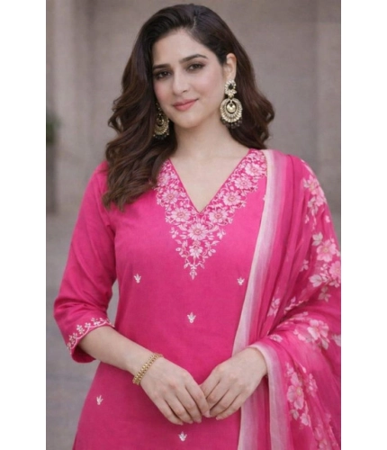 Women's Chanderi Silk Ethnic Motif V-Neck 3/4th Sleeve Kurti With Pant Dupatta Set (Pink)