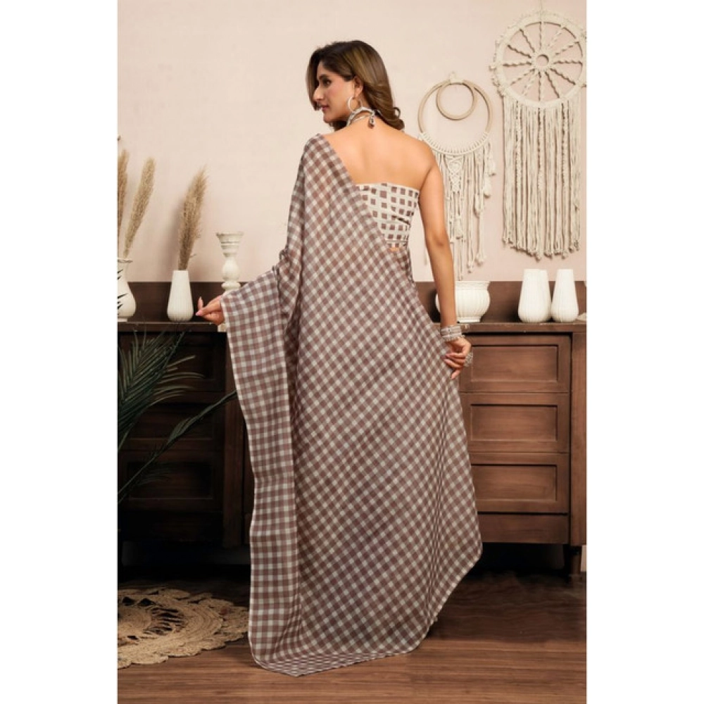 Women's Linen Cotton Printed Ready To Wear With Pocket Saree With Unstitched Blouse 5.5 Mtr (Light_Brown)