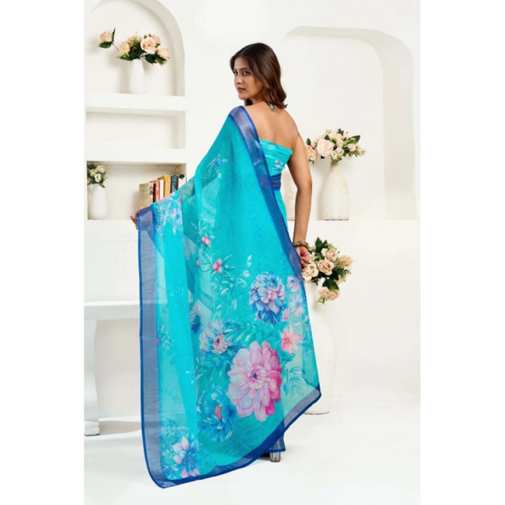 Women's Linen Cotton Printed Ready To Wear Saree With Unstitched Blouse 5.5 Mtr (Light_Aqua_Blue)