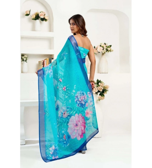 Women's Linen Cotton Printed Ready To Wear Saree With Unstitched Blouse 5.5 Mtr (Light_Aqua_Blue)