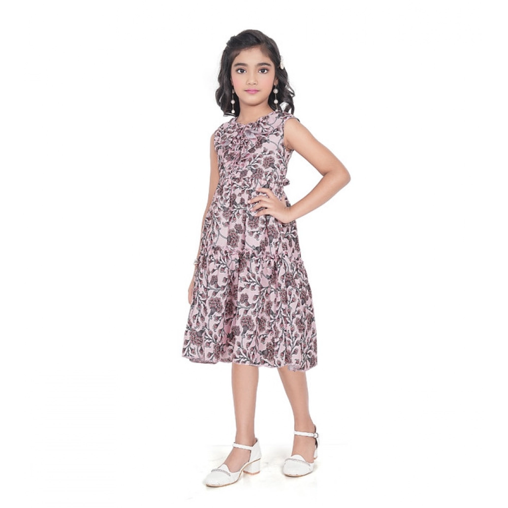 Girl's Digital Slub Printed Sleeve Less Round Neck Dress (Brown)
