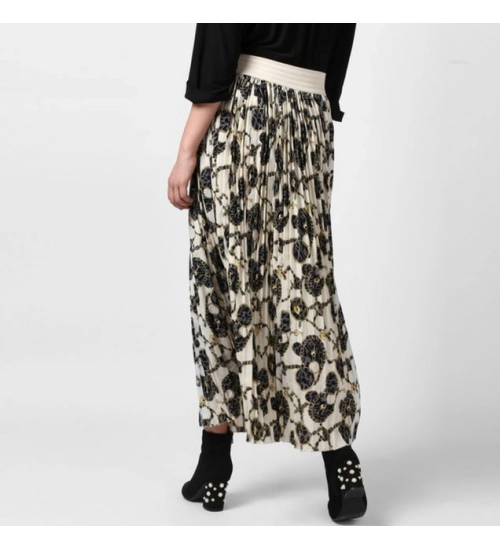 Women's Georgette Chain Print Elasticated Skirt (Cream-Black)