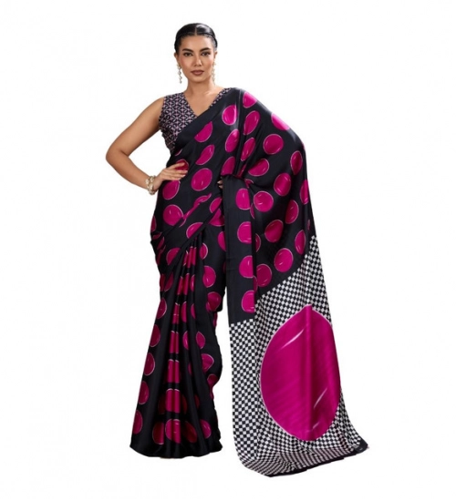 Women's Satin Crepe Printed Saree With Unstitched Blouse 5.5Mtr (Pink)