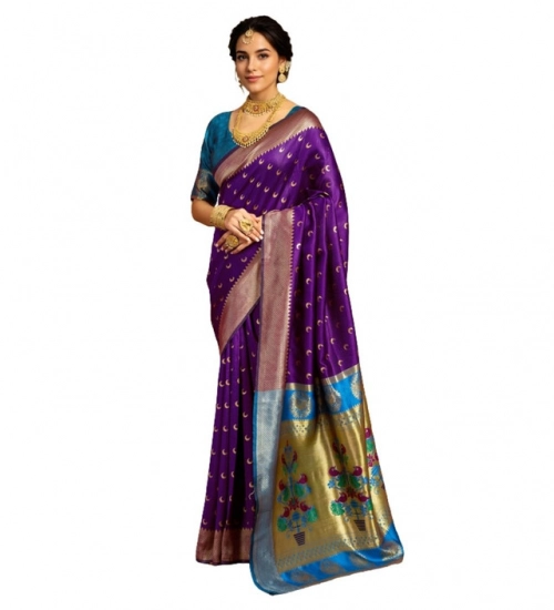 Women's Silk Blend Zari Woven Saree With Unstitched Blouse 5.5Mtr (Purple)