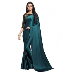 Women's Satin Solid Saree With Unstitched Blouse 5.5Mtr (Turquoise)