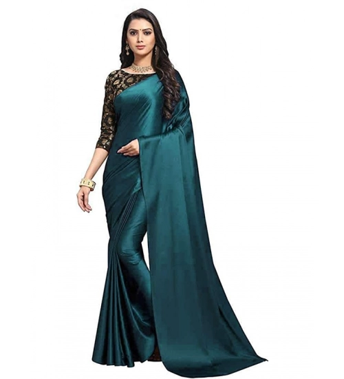 Women's Satin Solid Saree With Unstitched Blouse 5.5Mtr (Turquoise)