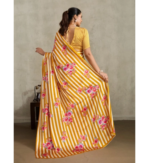 Women's Satin Crepe Printed Saree With Unstitched Blouse 5.5Mtr (Mustard)