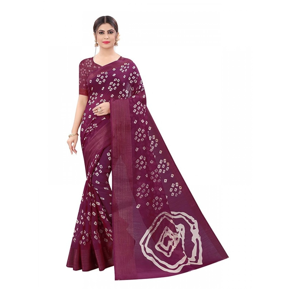 Women's Cotton Silk Bandhni Saree With Unstitched Blouse 5.5Mtr (Purple) Women's Cotton Silk Bandhni Saree With Unstitched Blouse 5.5Mtr (Purple)