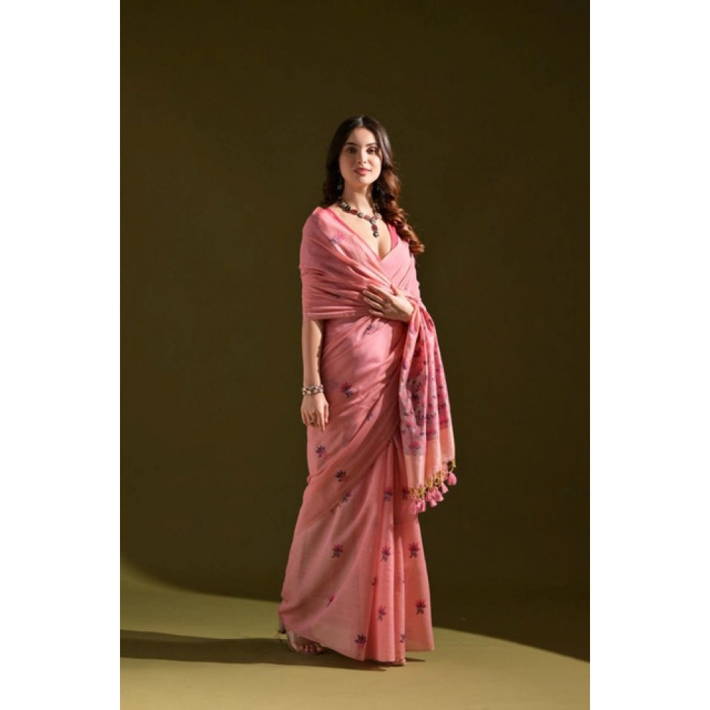 Women's Blended_Cotton Floral Saree With Unstitched Blouse 5.5Mtr (Pink) Women's Blended_Cotton Floral Saree With Unstitched Blouse 5.5Mtr (Pink)