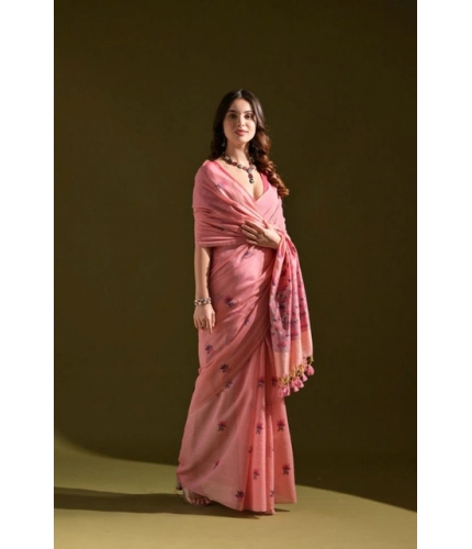 Women's Blended_Cotton Floral Saree With Unstitched Blouse 5.5Mtr (Pink)