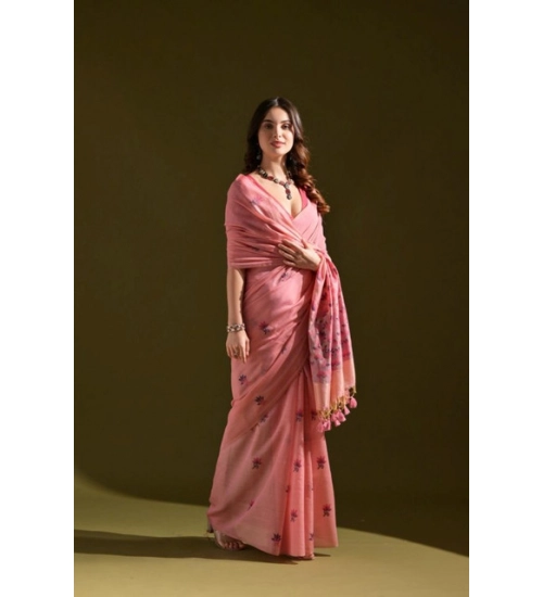 Women's Blended_Cotton Floral Saree With Unstitched Blouse 5.5Mtr (Pink)