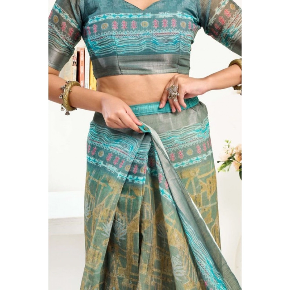 Women's Faux Linen Printed Ready to wear Saree With Unstitched Blouse 5.5Mtr (Multicolor) Women's Faux Linen Printed Ready to wear Saree With Unstitched Blouse 5.5Mtr (Multicolor)