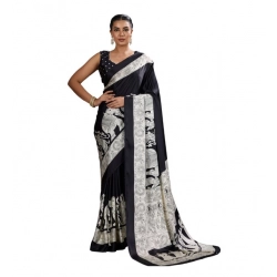 Women's Satin Crepe Printed Saree With Unstitched Blouse 5.5Mtr (Black)