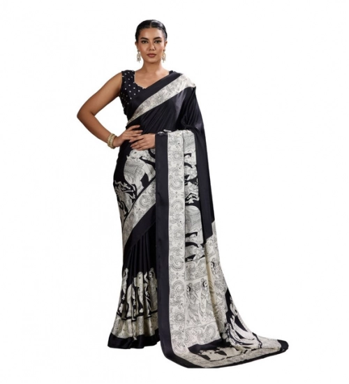 Women's Satin Crepe Printed Saree With Unstitched Blouse 5.5Mtr (Black)