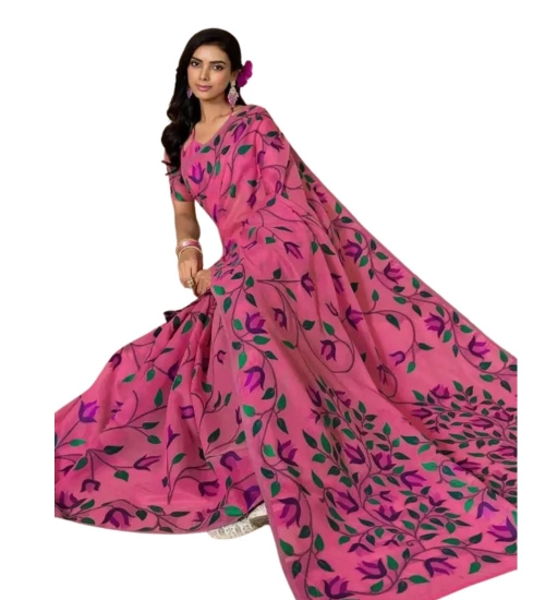 Women's Georgette Printed Saree With Unstitched Blouse 5.5Mtr (Pink)