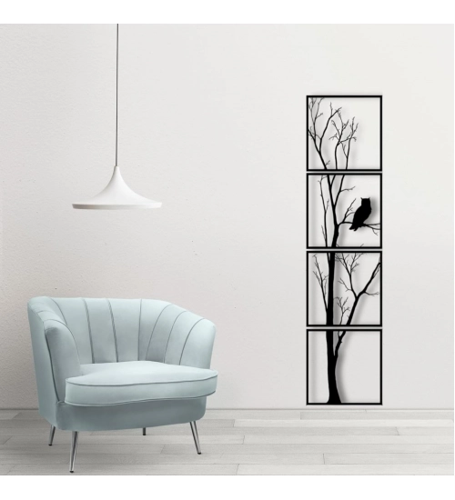 7 Decore Unique Vertical Tree Wall Art – 4 Piece Wooden Panel Set (Black)