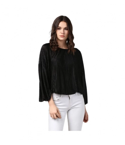Women's Polyester Pleated Balloon Sleeve Top (Black)