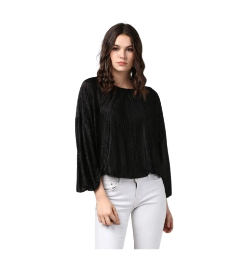 Women's Polyester Pleated Balloon Sleeve Top (Black)