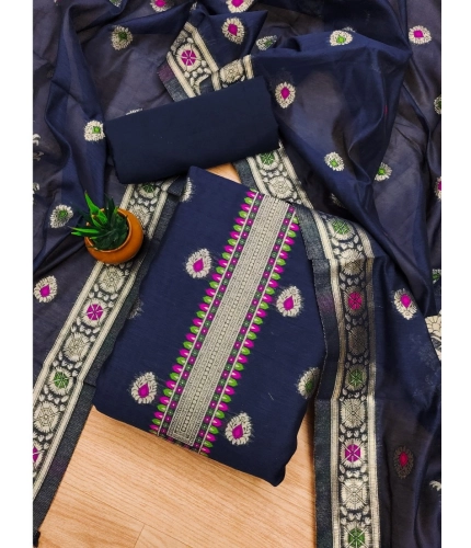 Women's Banarasi Silk Printed Unstitched Salwar Suit Material With Dupatta (Navy Blue, 3Mtrs)