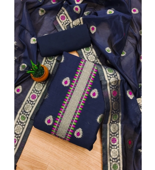 Women's Banarasi Silk Printed Unstitched Salwar Suit Material With Dupatta (Navy Blue, 3Mtrs)