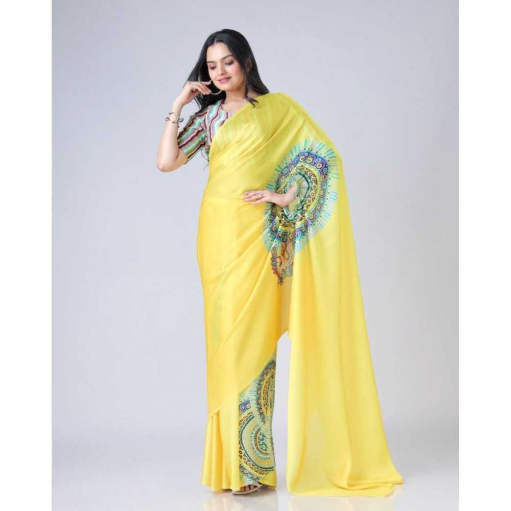 Women's Soft Crepe Silk Printed Ready To Wear Saree With Unstitched Blouse 5.5Mtr (Yellow) Women's Soft Crepe Silk Printed Ready To Wear Saree With Unstitched Blouse 5.5Mtr (Yellow)