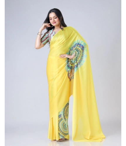 Women's Soft Crepe Silk Printed Ready To Wear Saree With Unstitched Blouse 5.5Mtr (Yellow)