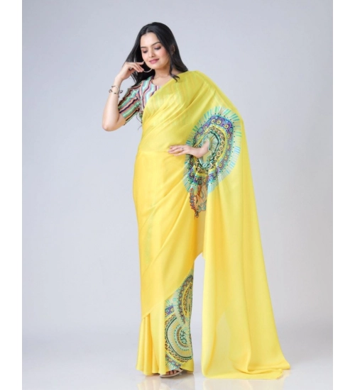 Women's Soft Crepe Silk Printed Ready To Wear Saree With Unstitched Blouse 5.5Mtr (Yellow)