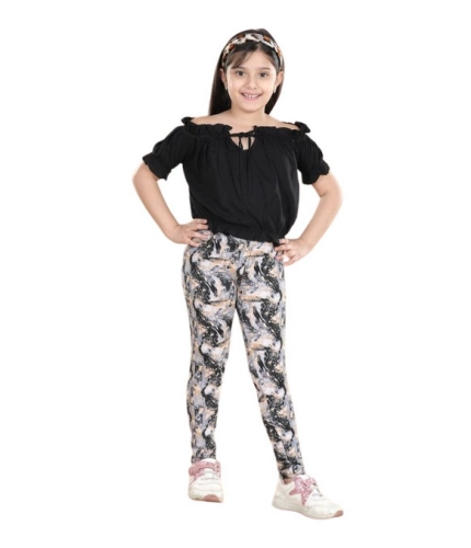 Girl's Cotton Floral Elasticated Jegging and Top Set (Black)