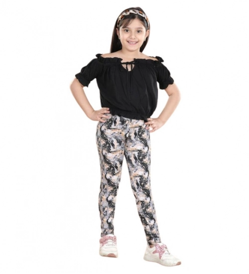 Girl's Cotton Floral Elasticated Jegging and Top Set (Black) Girl's Cotton Floral Elasticated Jegging and Top Set (Black)