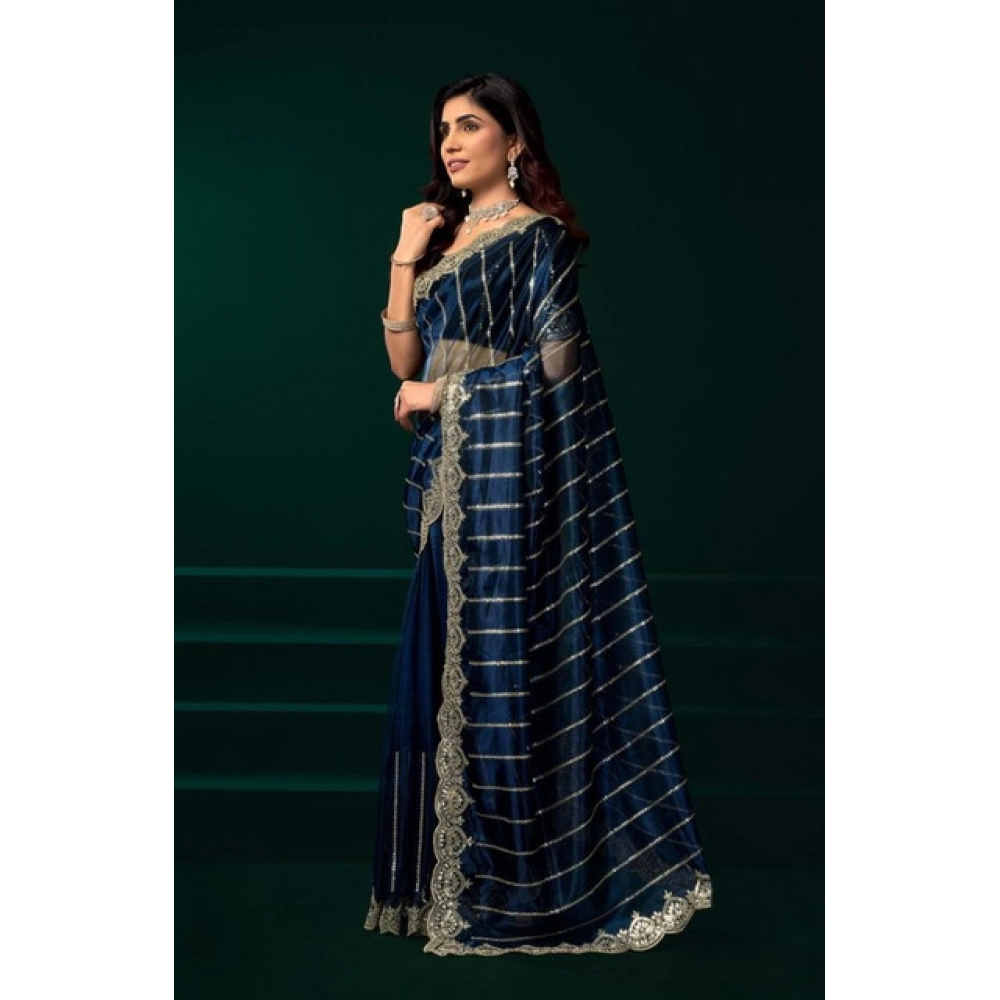 Women's Net Sequence Saree With Unstitched Blouse 5.5Mtr (Blue)