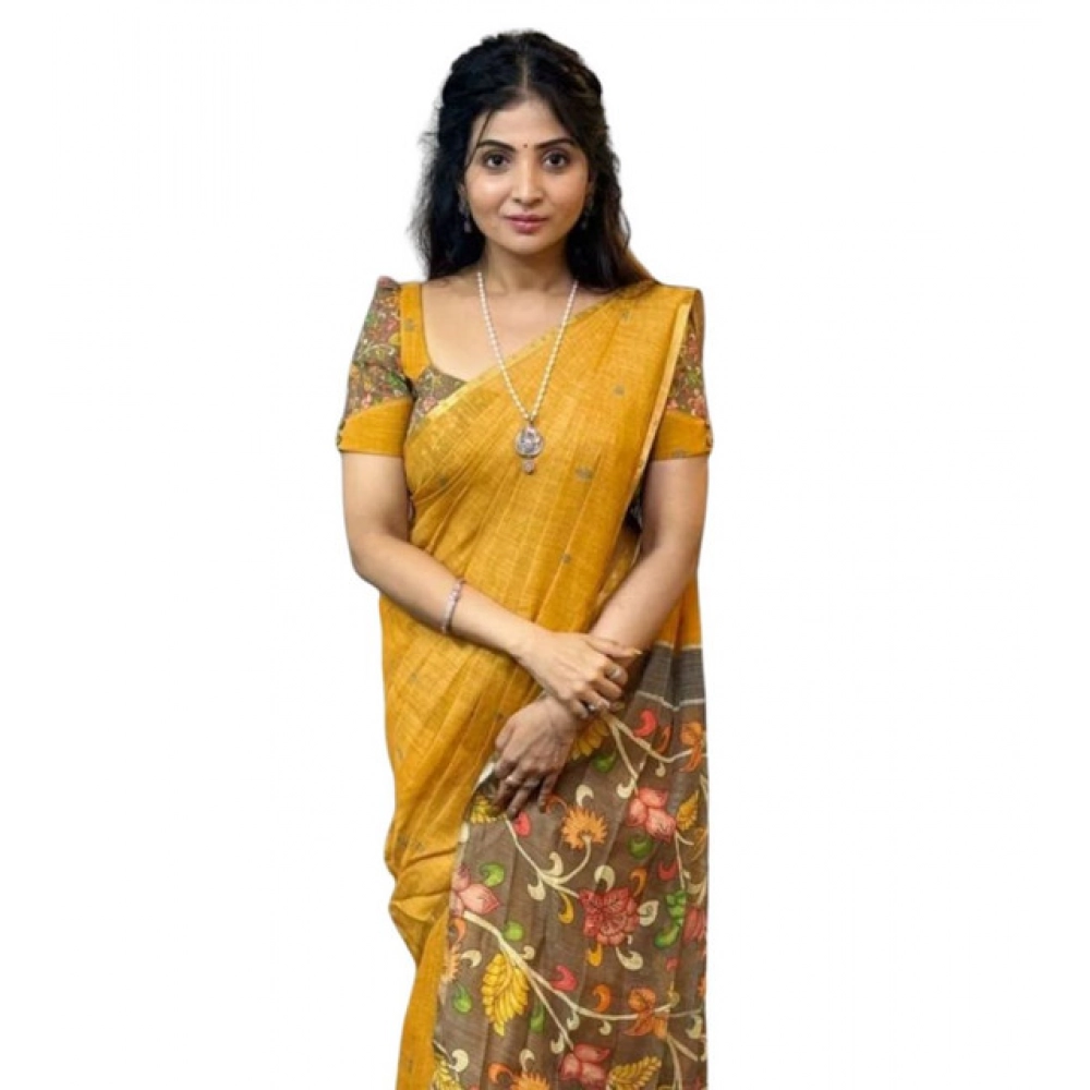Women's Linen Printed Saree With Unstitched Blouse 5.5Mtr (Mustard) Women's Linen Printed Saree With Unstitched Blouse 5.5Mtr (Mustard)
