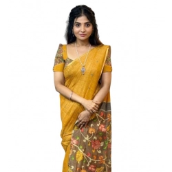 Women's Linen Printed Saree With Unstitched Blouse 5.5Mtr (Mustard)