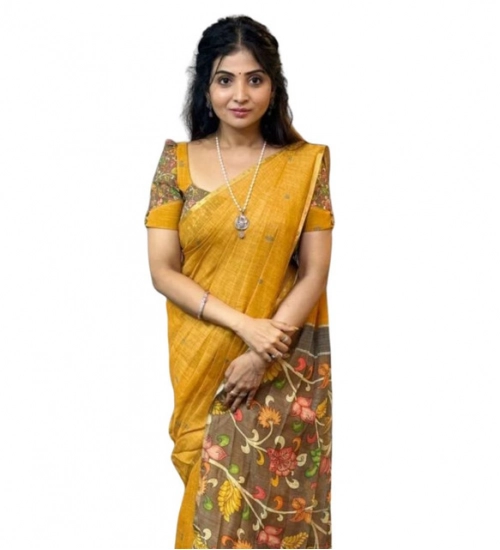 Women's Linen Printed Saree With Unstitched Blouse 5.5Mtr (Mustard)