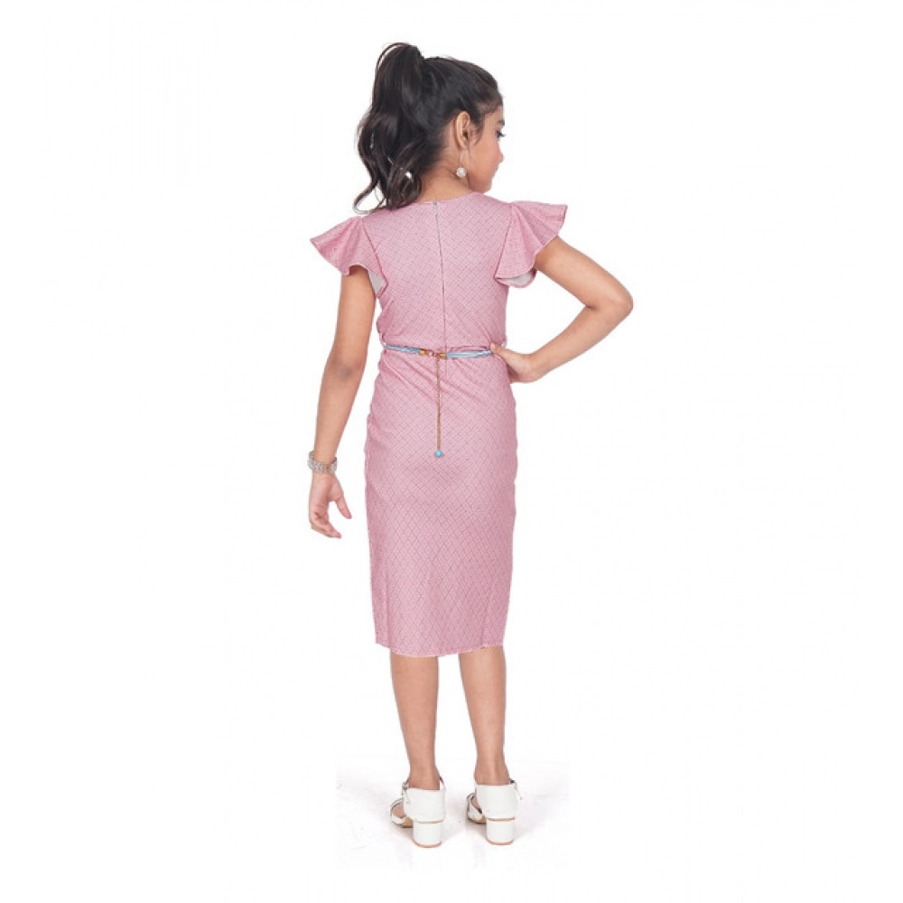 Girl's Knitted Striped Short Sleeve Close Neck Dress (Pink)