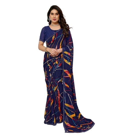 Women's Georgette Printed Saree With Unstitched Blouse 5.5Mtr (Blue)