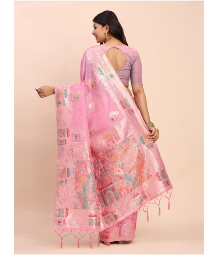 Women's Linen Cotton Printed Saree With Unstitched Blouse 5.5Mtr (Pink)