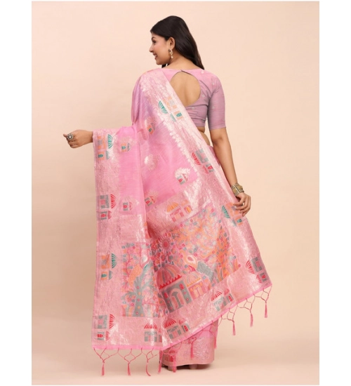 Women's Linen Cotton Printed Saree With Unstitched Blouse 5.5Mtr (Pink) Women's Linen Cotton Printed Saree With Unstitched Blouse 5.5Mtr (Pink)