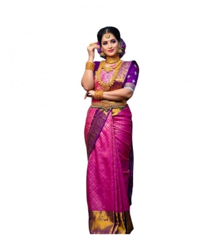 Women's Soft Lichi Silk Printed Saree With Unstitched Blouse 5.5Mtr (Pink)